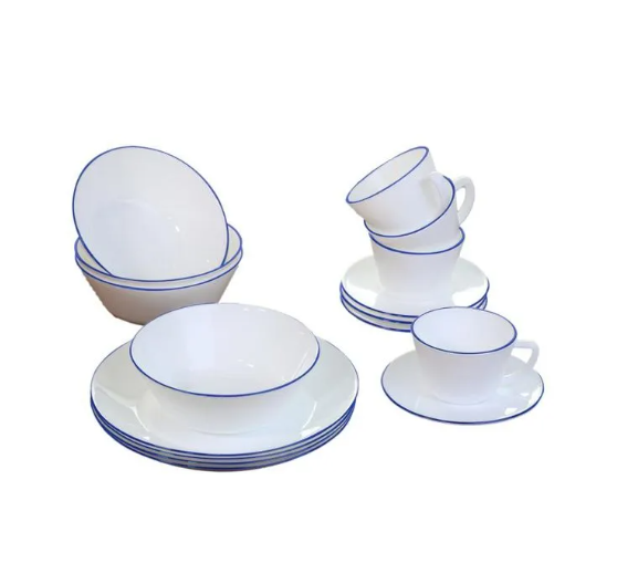 VAJILLA 4/16 BLANCA CON BORDE AZUL HEVV-1604